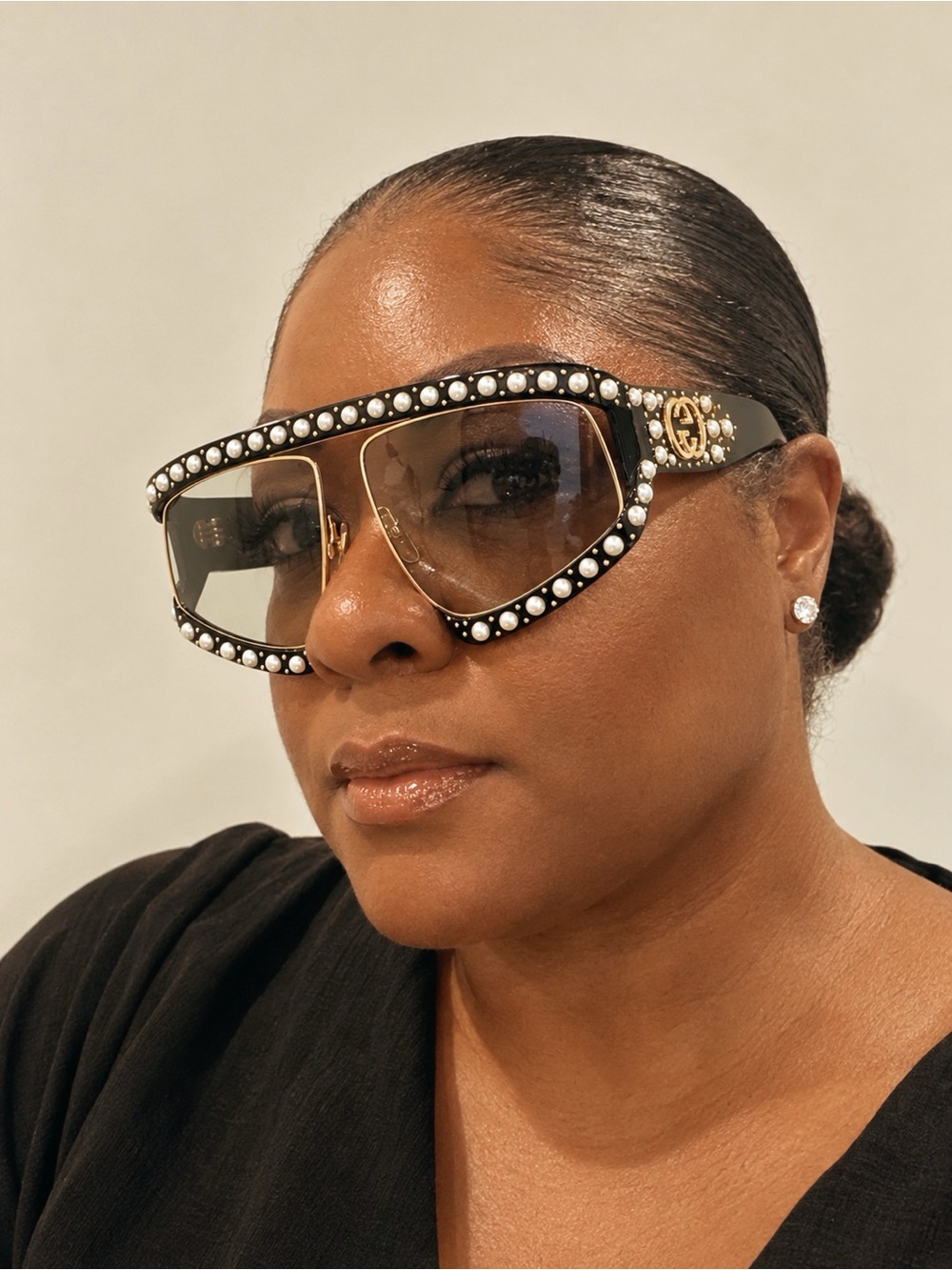 Gucci GG0234S Hollywood Forever Pearl Oversized Sunglasses Black Authentic